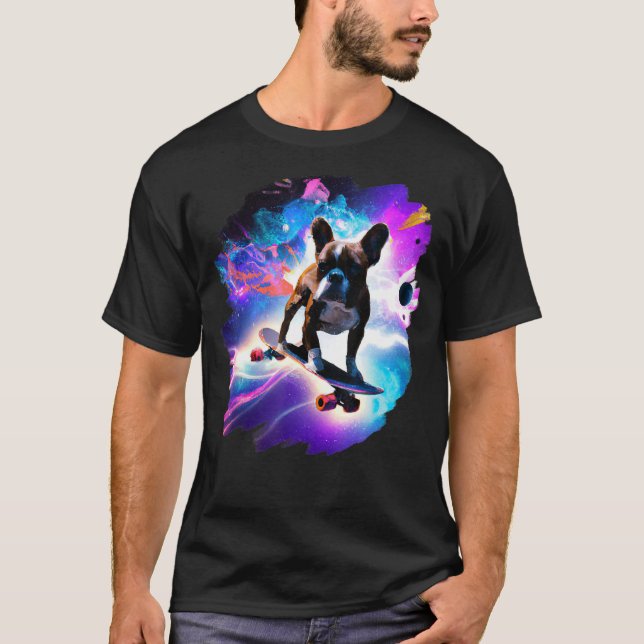 Camiseta Frenchie French Bulldog Skateboard Space Retro (Frente)