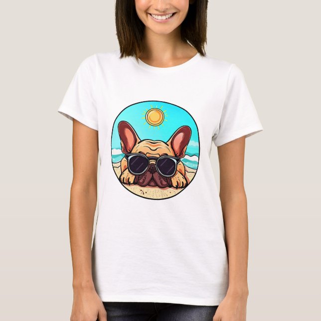 Camiseta Frenchie gostando da praia (Frente)