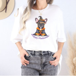 Camiseta Frenchie Halloween Purple Robe Witchy Hat