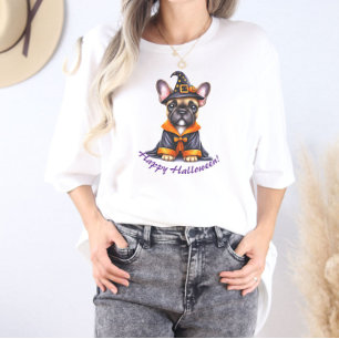 Camiseta Frenchie Halloween Roupão Roxo Chapéu de Bruxa