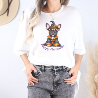 Camiseta Frenchie Halloween Roupão Roxo Chapéu de Bruxa