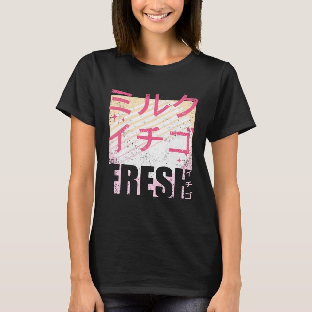 Camiseta Fresh Strawberry Milk Japanese Text 90s Retro Vint (Frente)