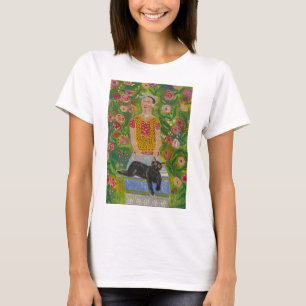 Camiseta Frida Kahlo e seu Gato Negro entre Rosas