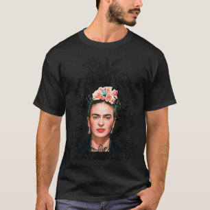 Camiseta Frida Kahlo portrait color, black and white flower