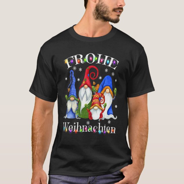 Camiseta Frohe Weihnachten German Gnomo Decoratio de Natal (Frente)
