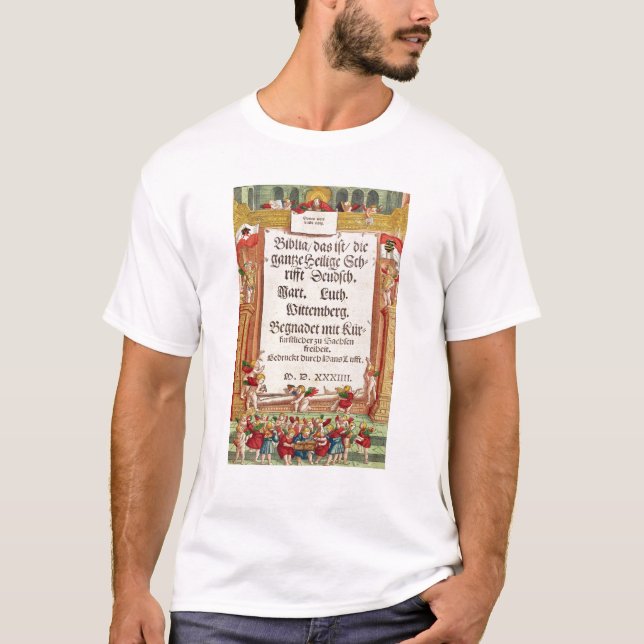 Camiseta Frontispício da bíblia de Luther, c.1530 (Frente)