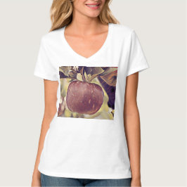 Camiseta Fruta de maçã vermelha e folhas de aquarela