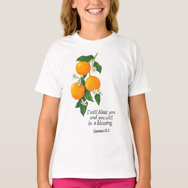 Camiseta Fruta Laranja Gênesis 12:2 (Frente)
