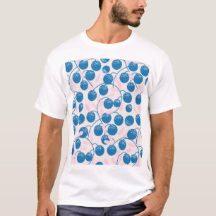 Camiseta Frutas azuis, folhas cor-de-rosa, design sem costu