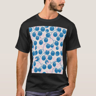 Camiseta Frutas azuis, folhas cor-de-rosa, design sem costu