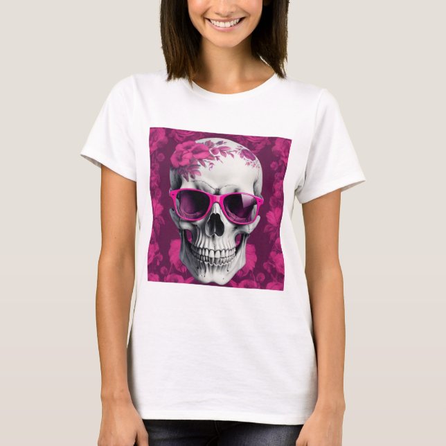 Camiseta Fuchsia Floral 3D Morto Caveira vestindo óculos es (Frente)