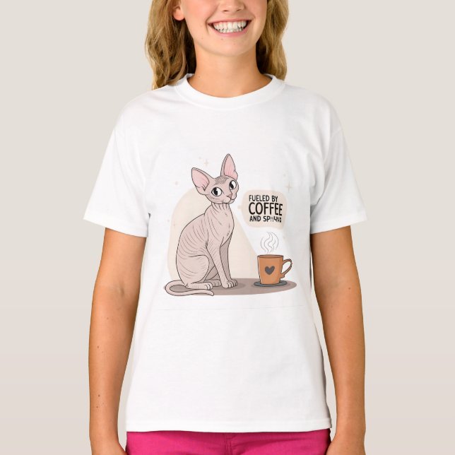 Camiseta Fueled by Coffee and Sphynx Cat Illustration (Frente)