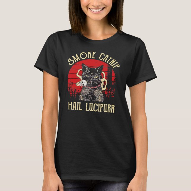 Camiseta Fumaça Catnip Hail Lucipurr Funny Cat Fumando  (Frente)