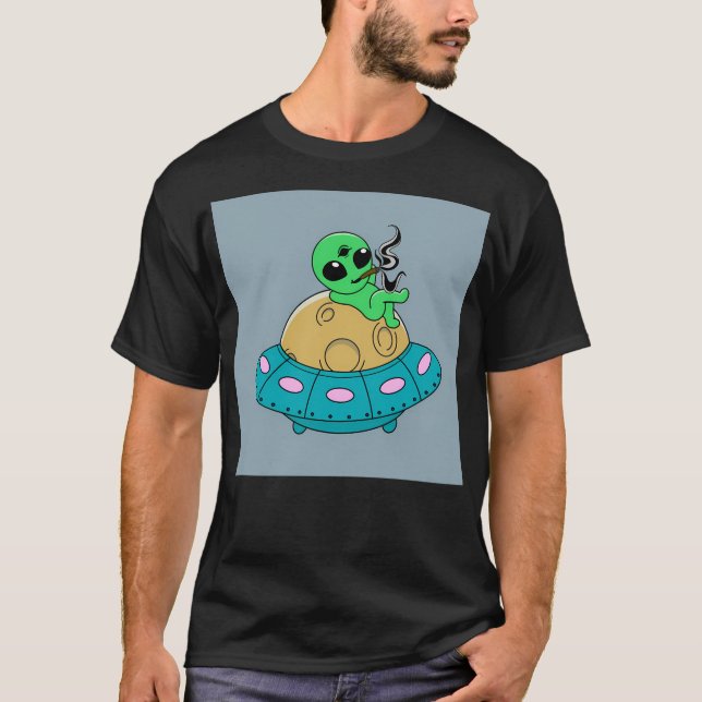 Camiseta Fumagem De Alienígenas De Cartoon Em Um Ufo (Frente)