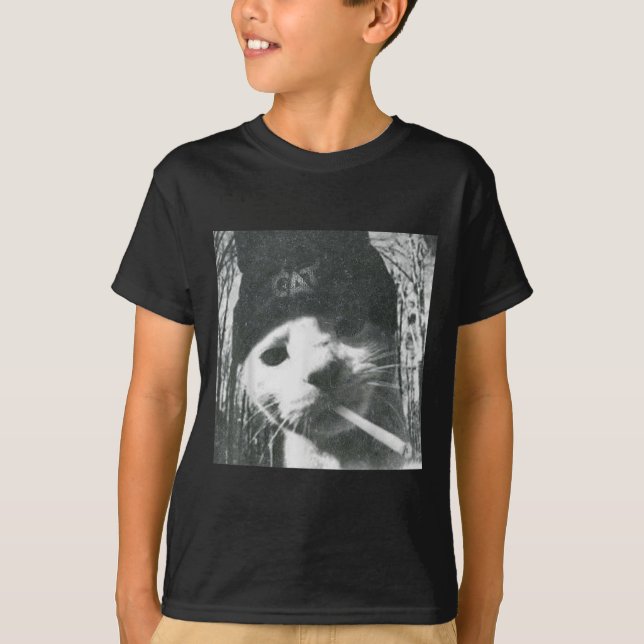 Camiseta Fumando a Cat Beanie Meme Grunge Estética Engraçad (Frente)