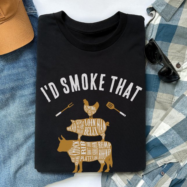 Camiseta Fumava aquele doce de carne de CHURRASCO engraçado (I'd Smoke That butcher cuts vintage cow pig chicken BBQ grilling smoked meat funny black shirt gift)
