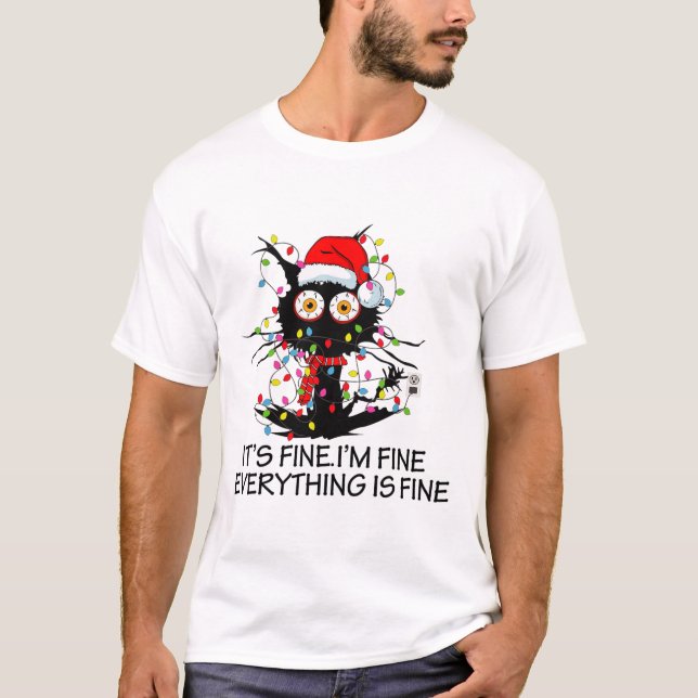 Camiseta Fun Black Cat It's Fine I'm Fine Everything Is Fin (Frente)