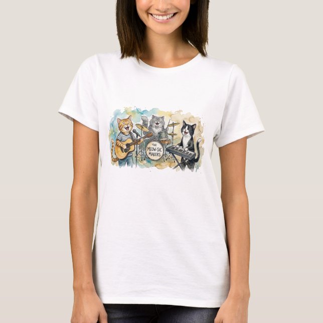 Camiseta Fun Cat Band Music Piano Drums Keyboard (Frente)