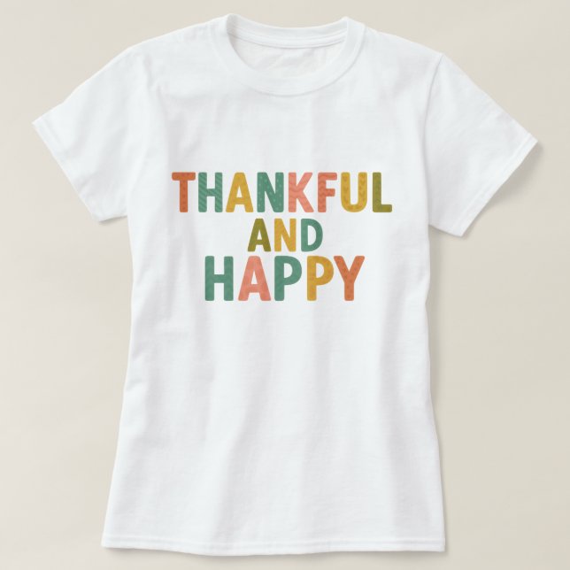 Camiseta Fun Retro Colorful Pattern Thankful and Happy (Frente do Design)
