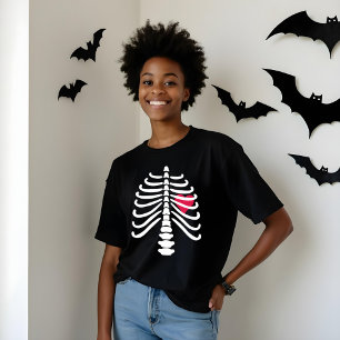 Camiseta Fun White Skeleton Rib Bones & Heart Halloween