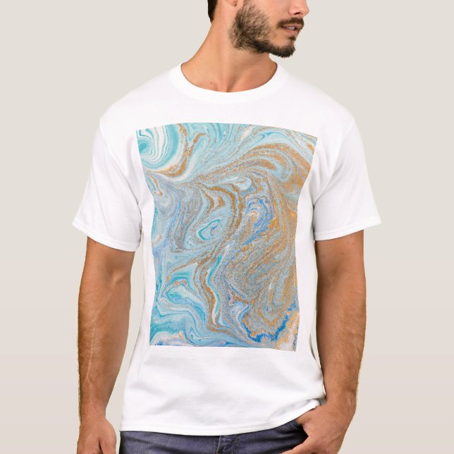 Camiseta Fundo acrílico mármico, azul com brilho do ouro (Frente)