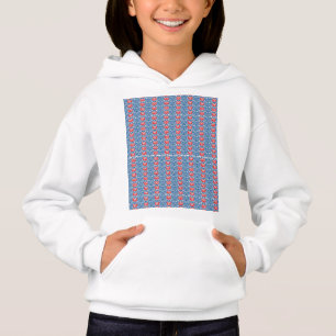 Camiseta fundo azul com designs vermelhos e brancos