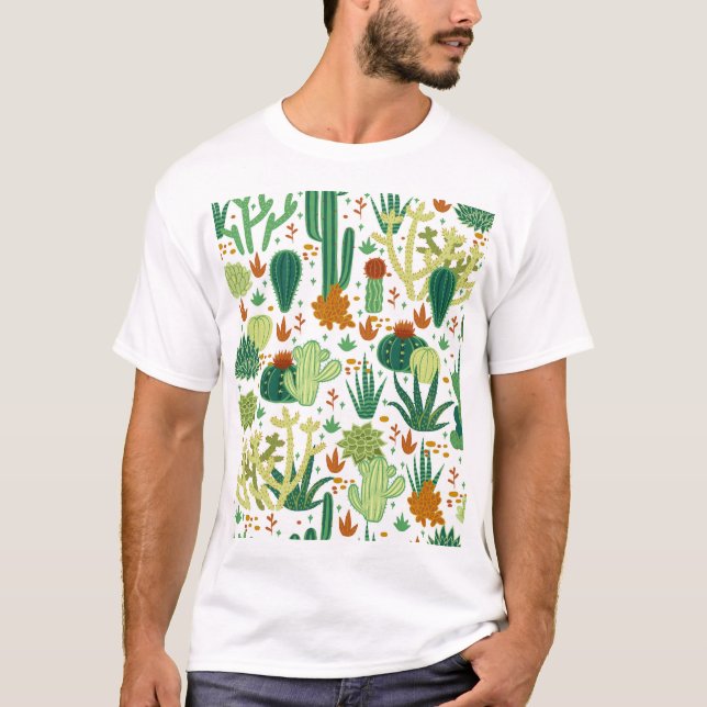 Camiseta Fundo Branco Cactos: Gráficos Vintage. (Frente)