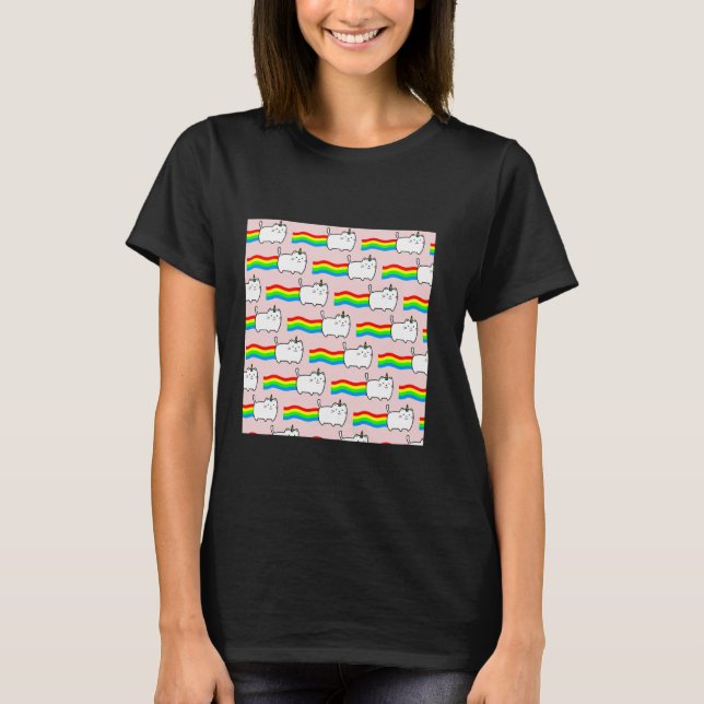 Camiseta Fundo rosa arco-íris com gato (Frente)