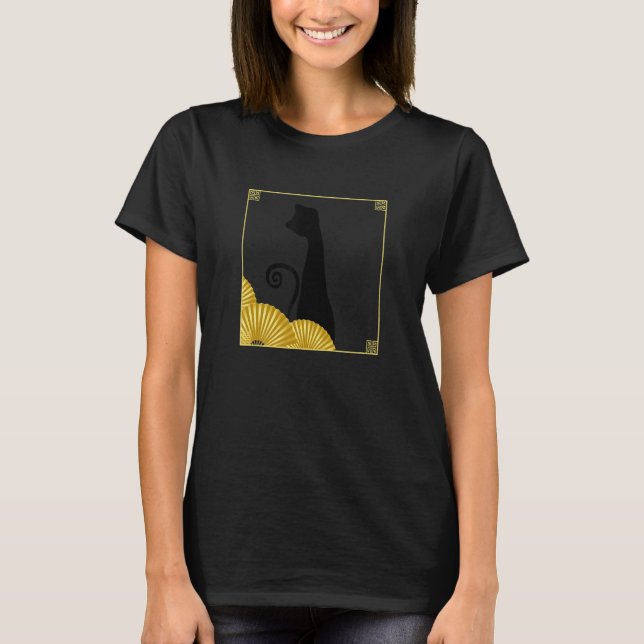Camiseta Funky East Asian Style Black Cat in Frame with Gol (Frente)