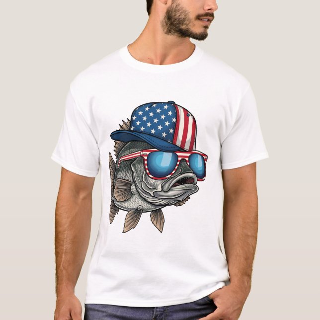 Camiseta Funny American Big Fish Wearing Flag Cap Fishing (Frente)