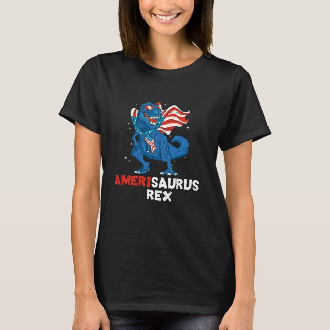 Camiseta Funny Amerisaurus T Rex American Flag 4º de julho (Frente)