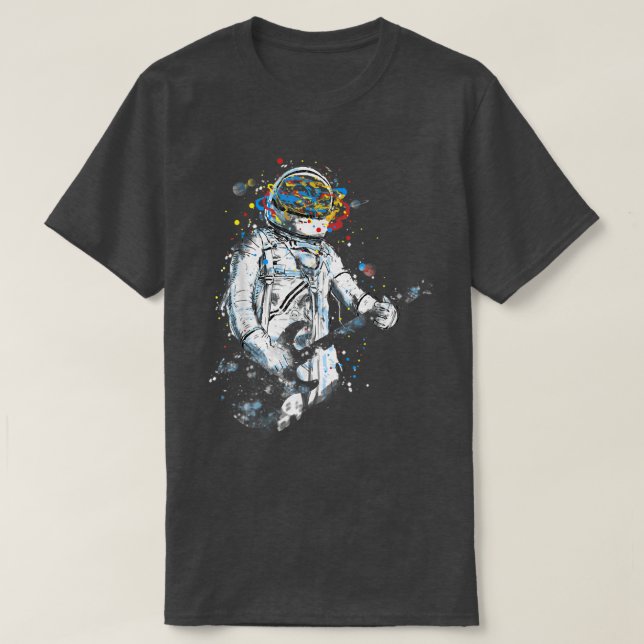 Camiseta Funny Astronaut Playing Bass Guitar At Space Astro (Frente do Design)
