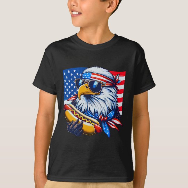 Camiseta Funny Bald Eagle Hotdog American Flag 4th Of July  (Frente)