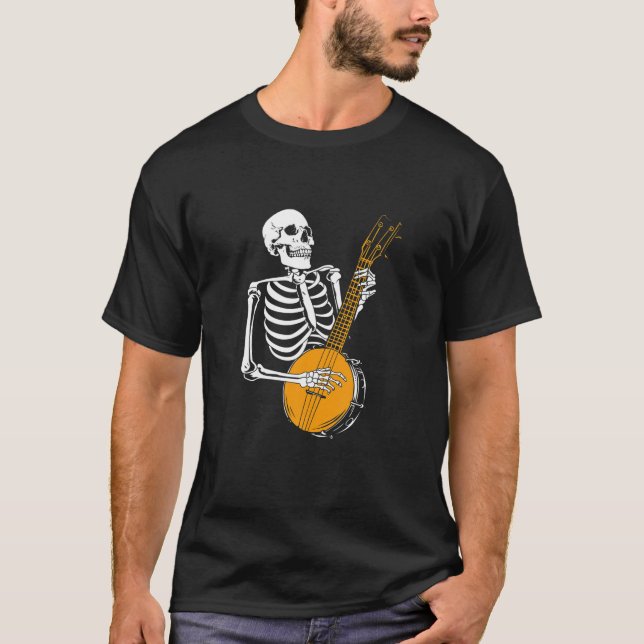 Camiseta Funny Banjo Lover Skeleton Jogando Banjo Halloween (Frente)