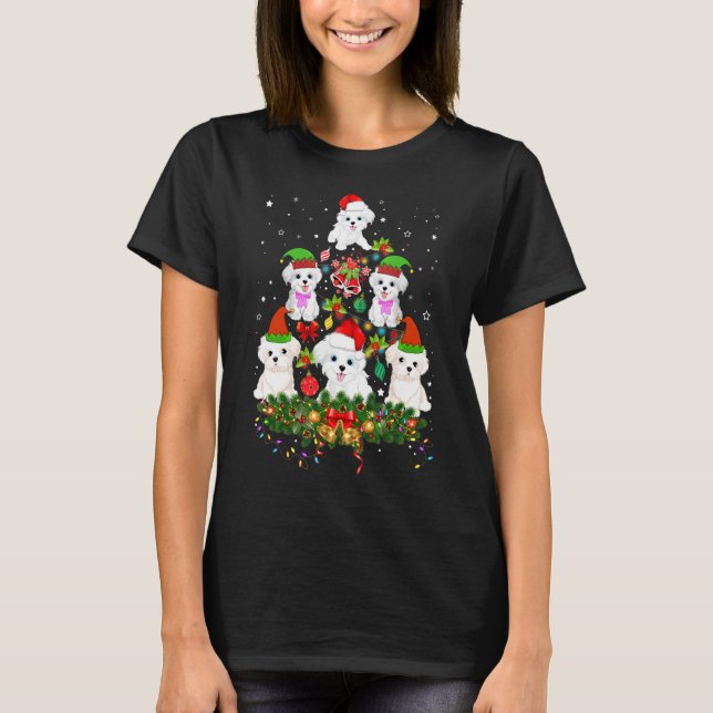 Camiseta Funny Bichon Frise Árvore de Natal Cor Leve (Frente)