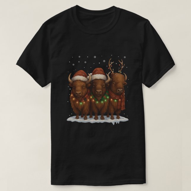 Camiseta Funny Bison Christmas Trio – Santa Hat Holiday  (Frente do Design)
