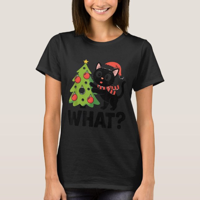 Camiseta Funny Black Ca Pushing Christmas Tree Over Cat Wha (Frente)