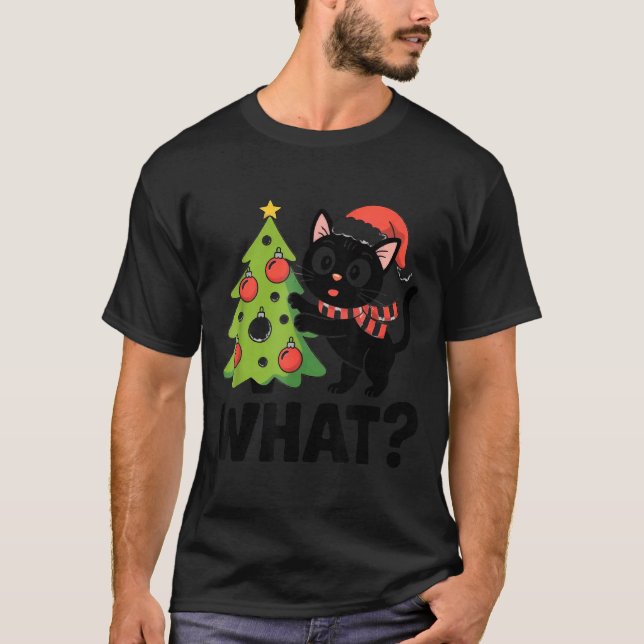 Camiseta Funny Black Ca Pushing Christmas Tree Over Cat Wha (Frente)