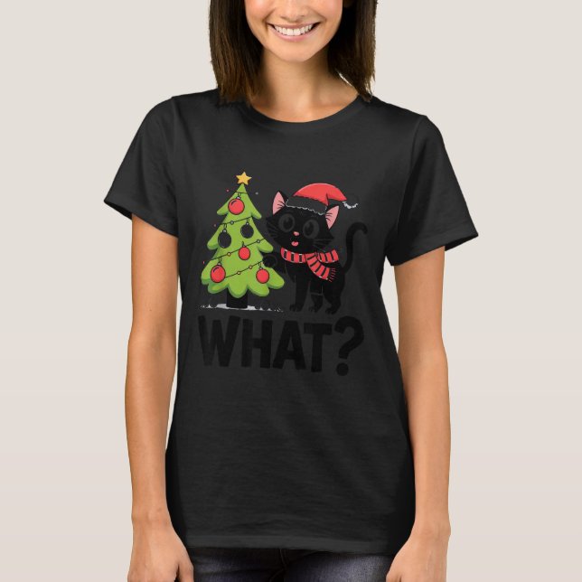 Camiseta Funny Black Ca Pushing Christmas Tree Over Cat Wha (Frente)
