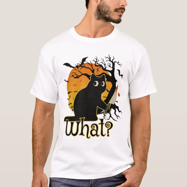 Camiseta Funny Black Cat Holding Knife Halloween (Frente)