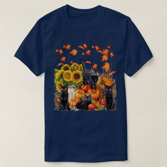Camiseta Funny Black Cat Leaf Fall Hello Autumn For Cute Ki (Frente do Design)
