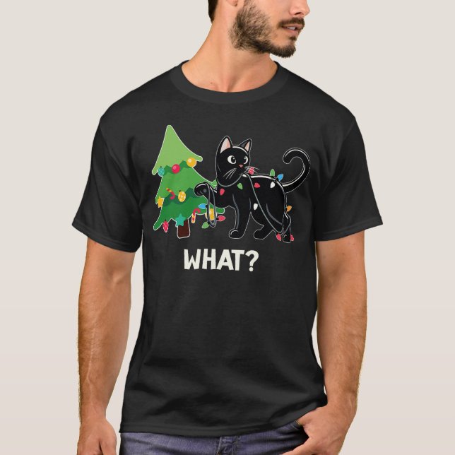 Camiseta Funny Black Cat Pushing Christmas Tree Cat Lover X (Frente)
