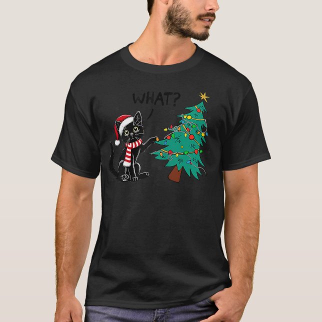 Camiseta Funny Black Cat Pushing Christmas Tree Over Cat Wh (Frente)