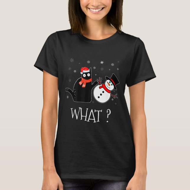 Camiseta Funny Black Cat Pushing Snowman Christmas Winter C (Frente)