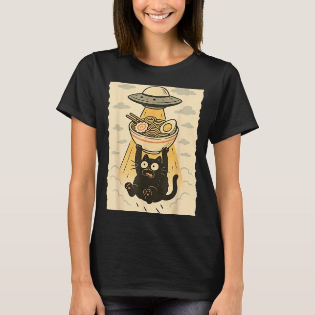Camiseta Funny Black Cat Ufo Ramen Alien Abduction Graphic  (Frente)