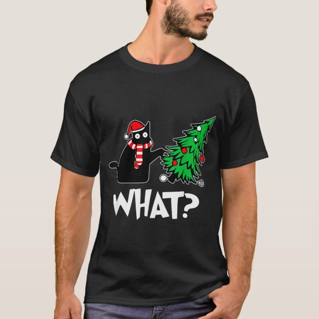 Camiseta Funny Black Cat Xmas Pushing Christmas Tree Over C (Frente)