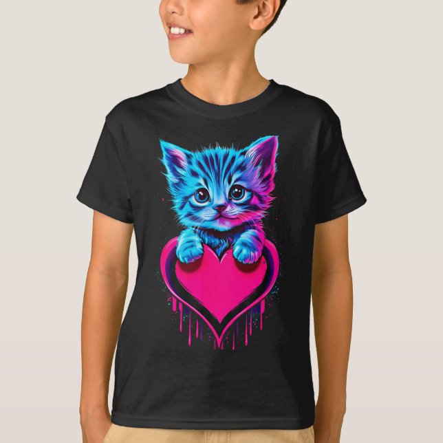 Camiseta Funny Blacklight Glitch Art Cute Cat Kitten Valent (Frente)