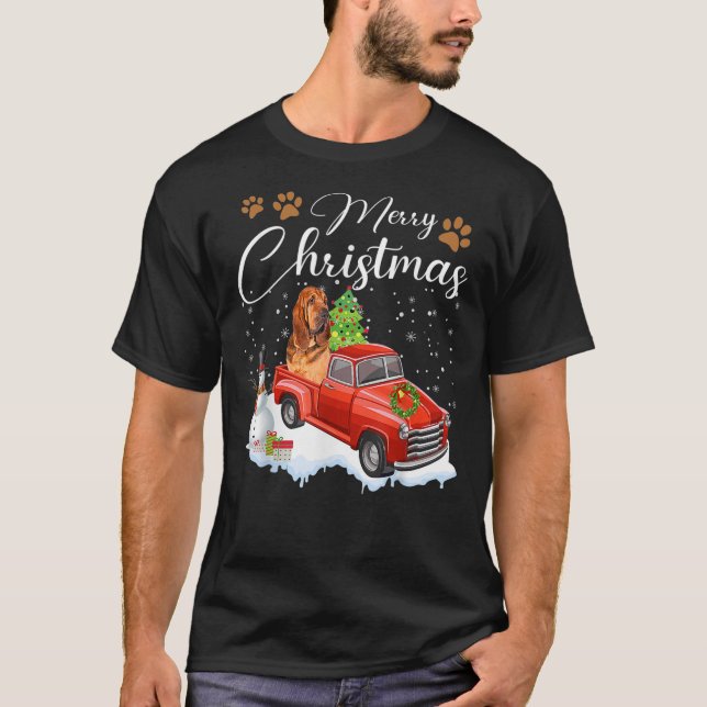 Camiseta Funny Bloodhound Dog Snow Red Truck Christmas Xmas (Frente)