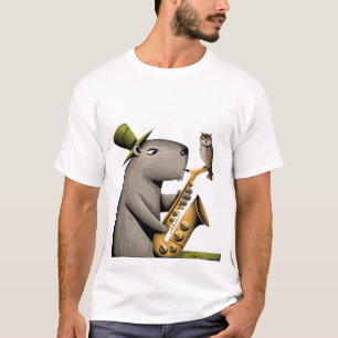 Camiseta Funny Capybara Jogando Saxofone com Coruja