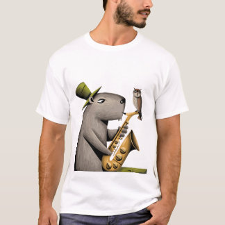 Camiseta Funny Capybara Jogando Saxofone com Coruja
